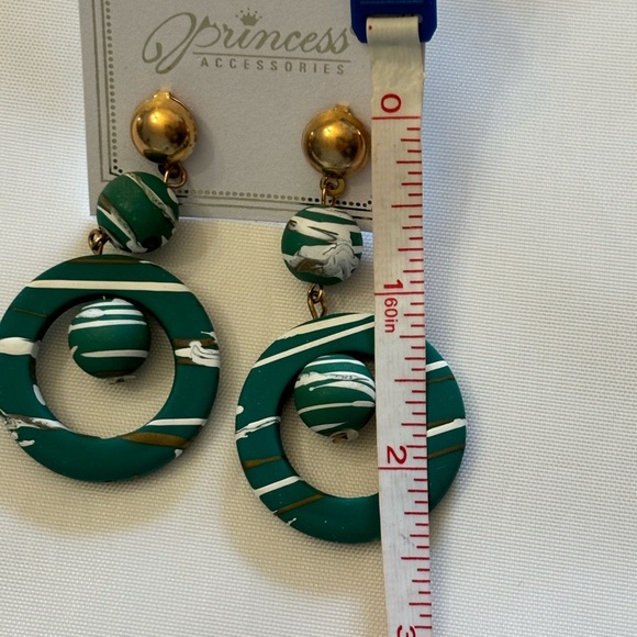 New Dangle Earrings Green with White and Gold Drizzles Goldtone Posts - Picture 4 of 4